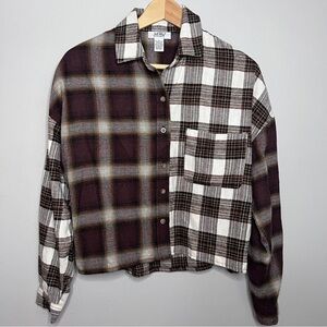 Just Polly Brown & Gray Plaid Button-Up Flannel Boxy Relaxed Shirt Size Small